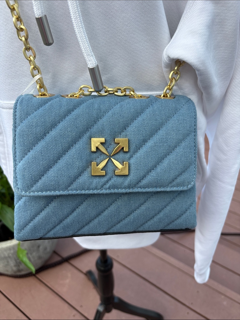 Off-White Quilted Blue Crossbody Denim Bag with Gold Chain NWT